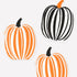 Three pumpkin napkins.  Two orange and white striped and one black and white striped on a white background. 