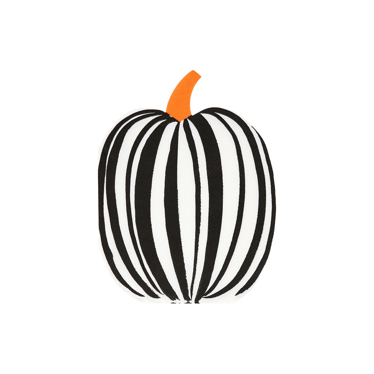 Black and white striped pumpkin napkin with an orange stem on a white background