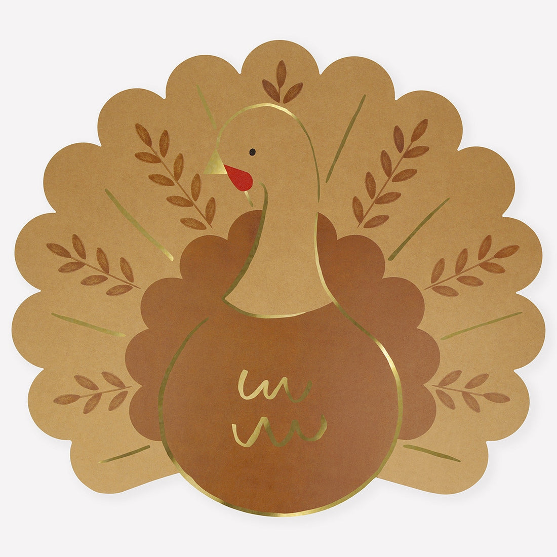Paper placemat shaped like a turkey with gold details. 