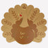 Paper placemat shaped like a turkey with gold details. 