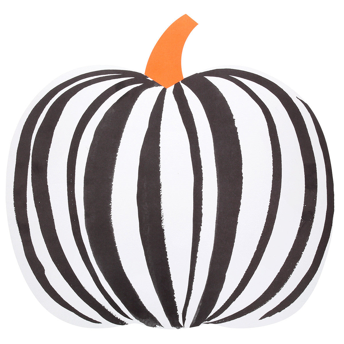Black and white striped pumpkin shaped paper placemat with an orange stem on a white background