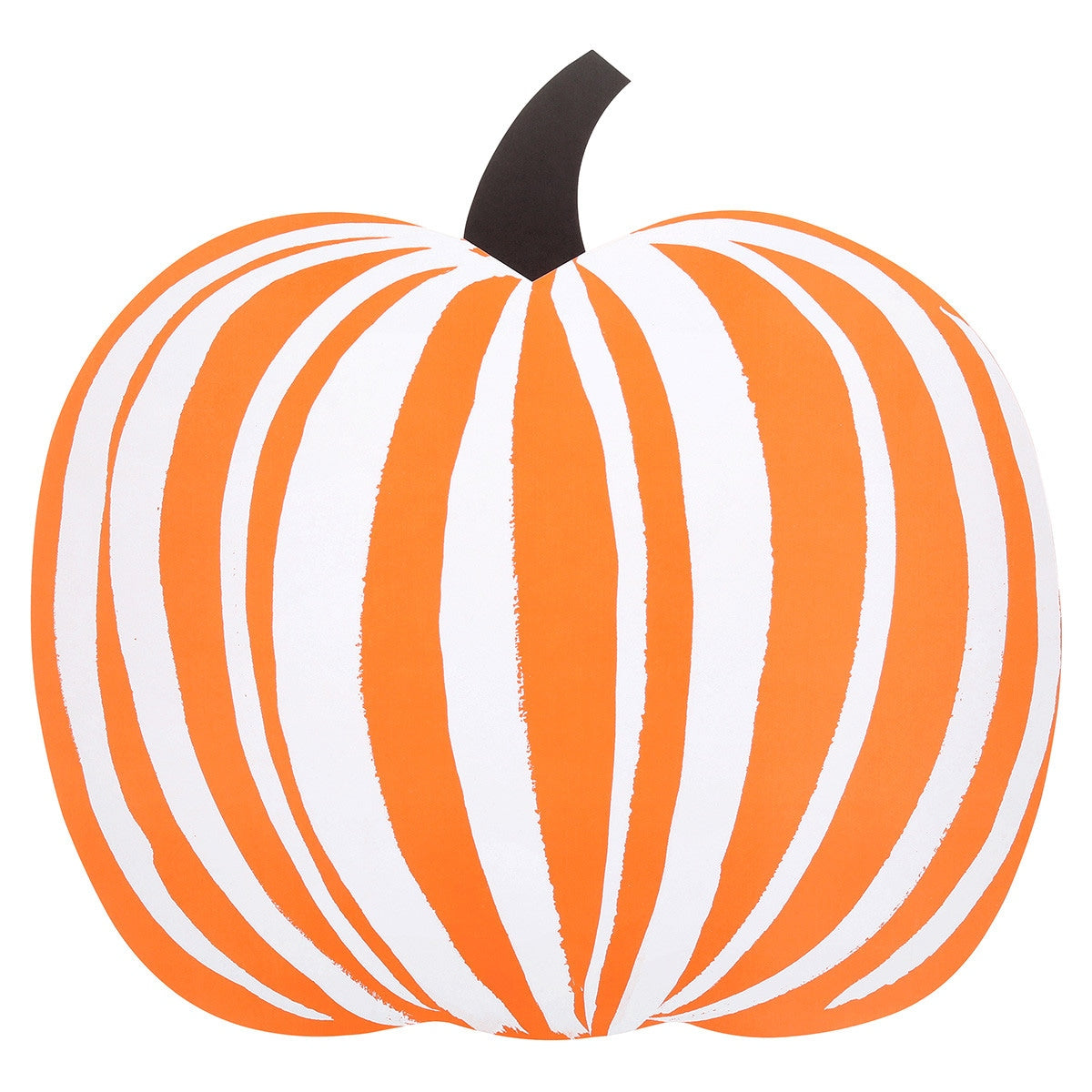 Pumpkin shaped paper placemat with orange and white stripes on a white background.