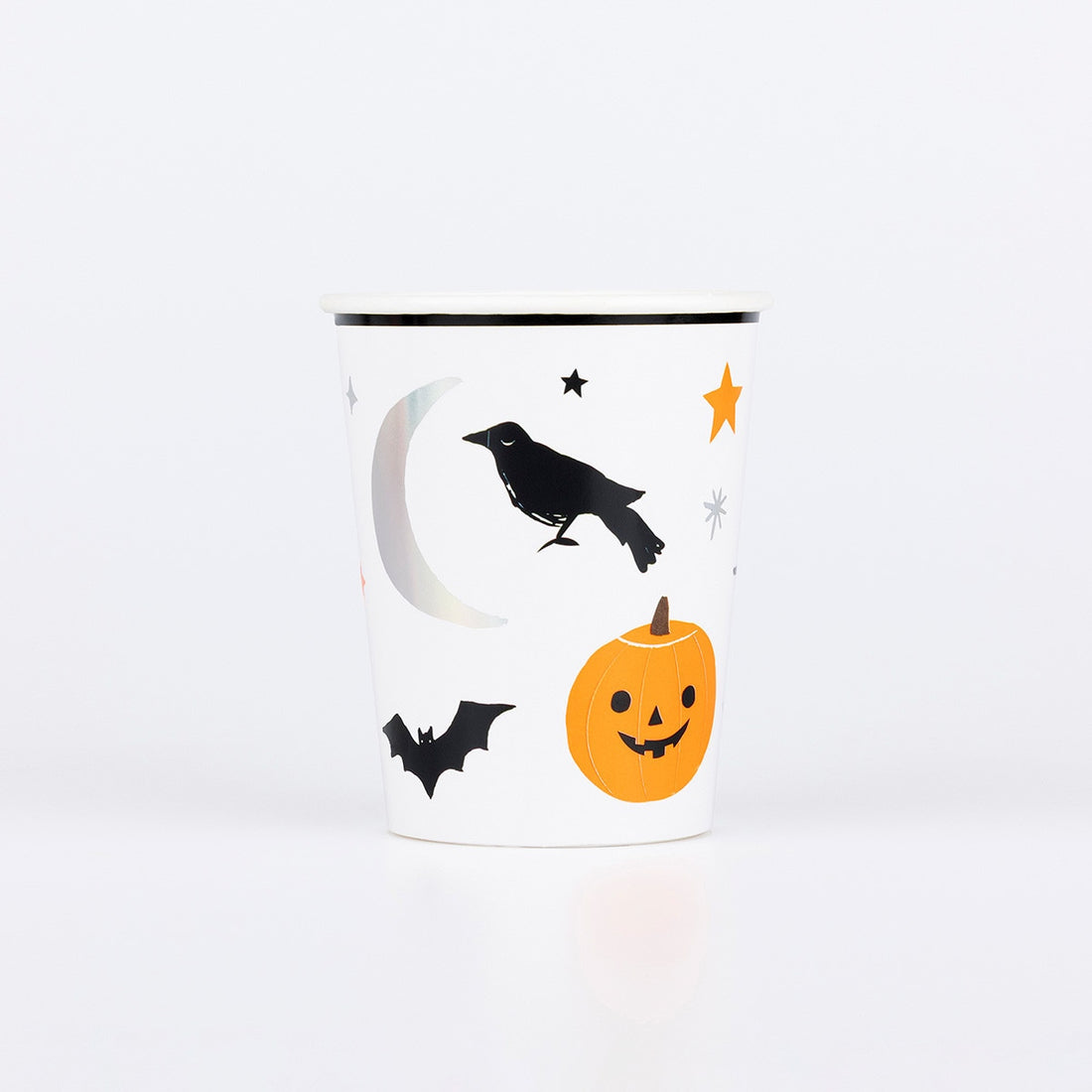 White paper cup with Halloween-themed illustrations on a white background