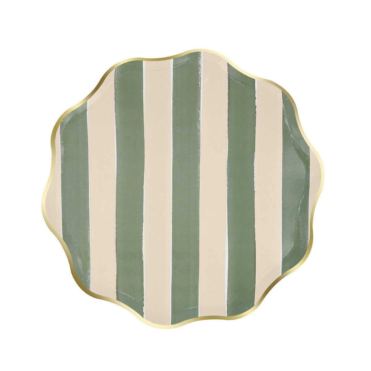 Paper plate with green and white vertical stripes on a white background.