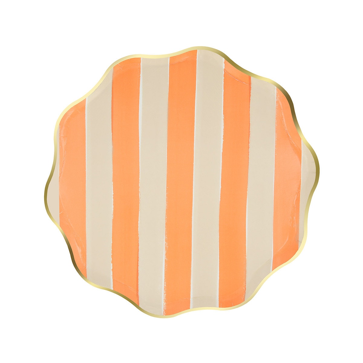 Paper plate with orange and white vertical stripes on a white background. 