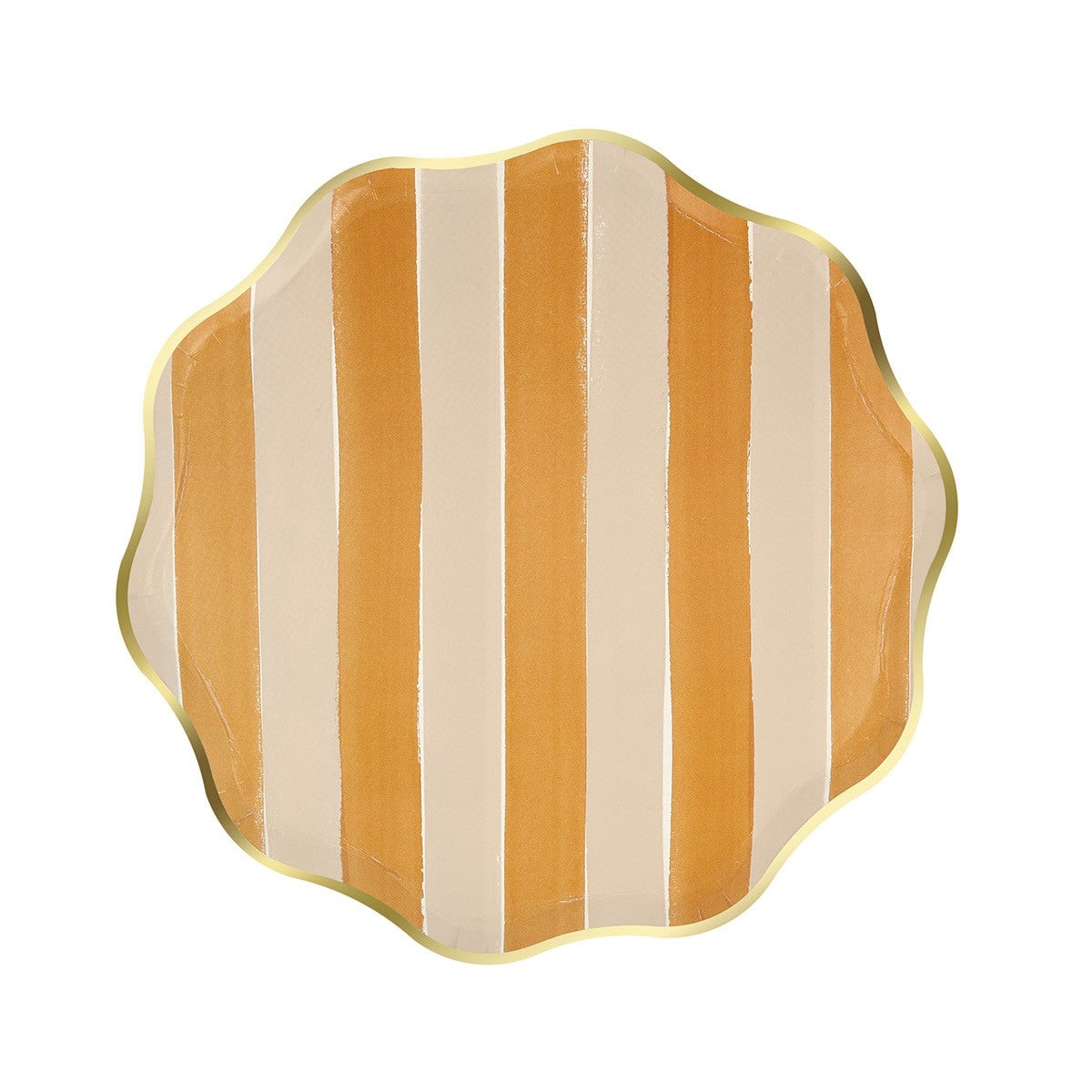 Paper plate with yellow and white vertical stripes on a white background.
