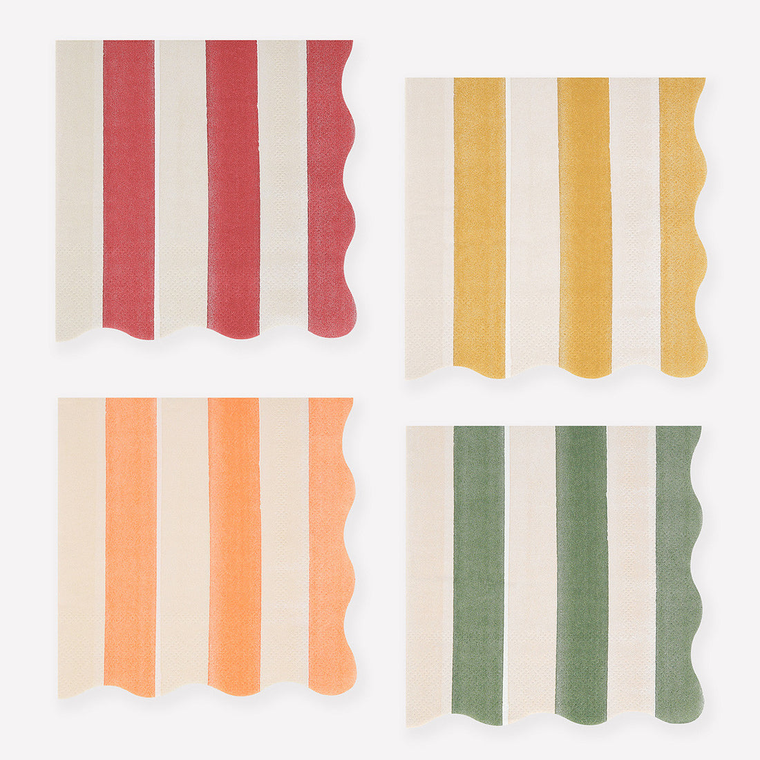 Four striped paper napkins in red, yellow, orange, and green on a white background. 