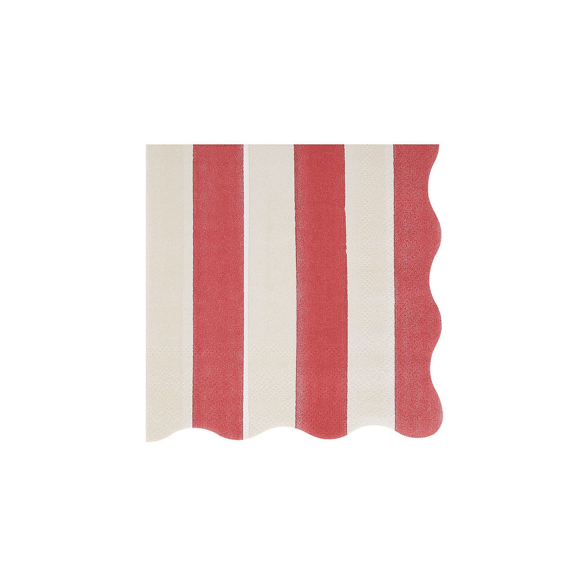 Red and white striped paper napkin with a scalloped edge. 
