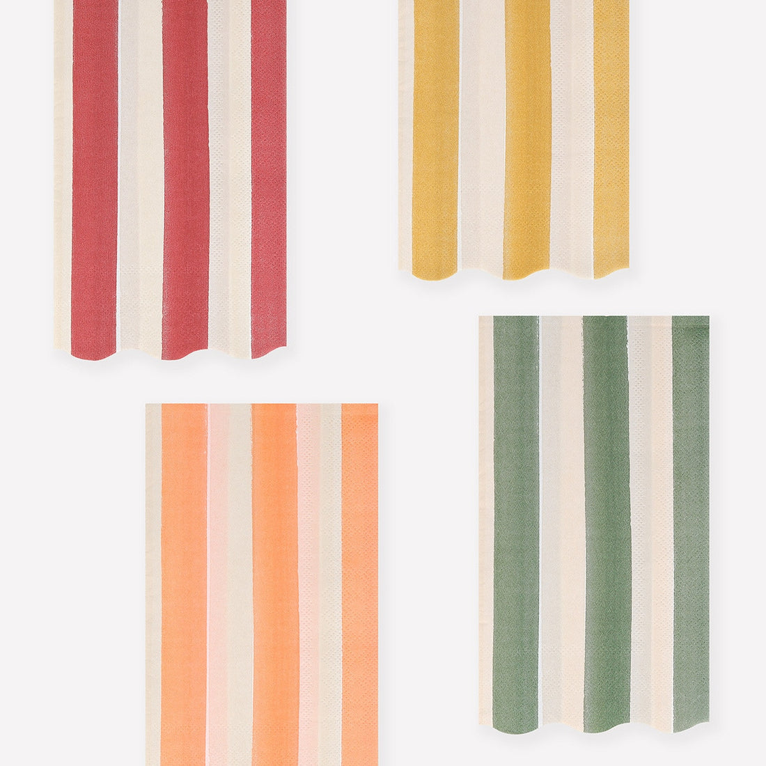 Striped napkins in orange, sage, dark yellow and berry red come with a wavy border for a stylish effect. 