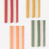 Striped napkins in orange, sage, dark yellow and berry red come with a wavy border for a stylish effect. 