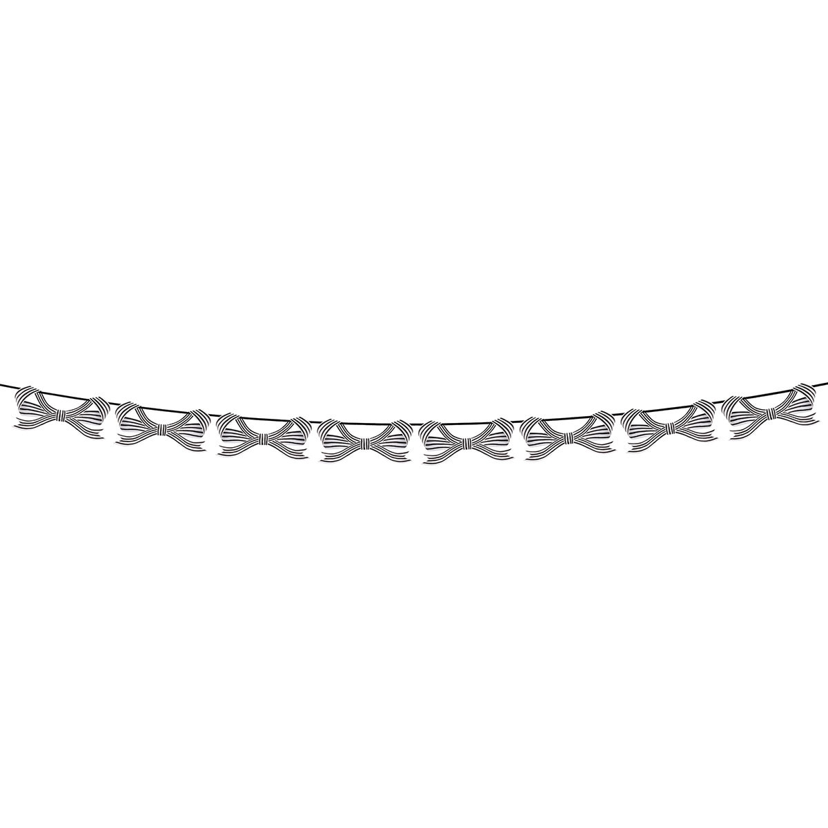 Decorative string with black and white stripe bows hung on it on a white background.