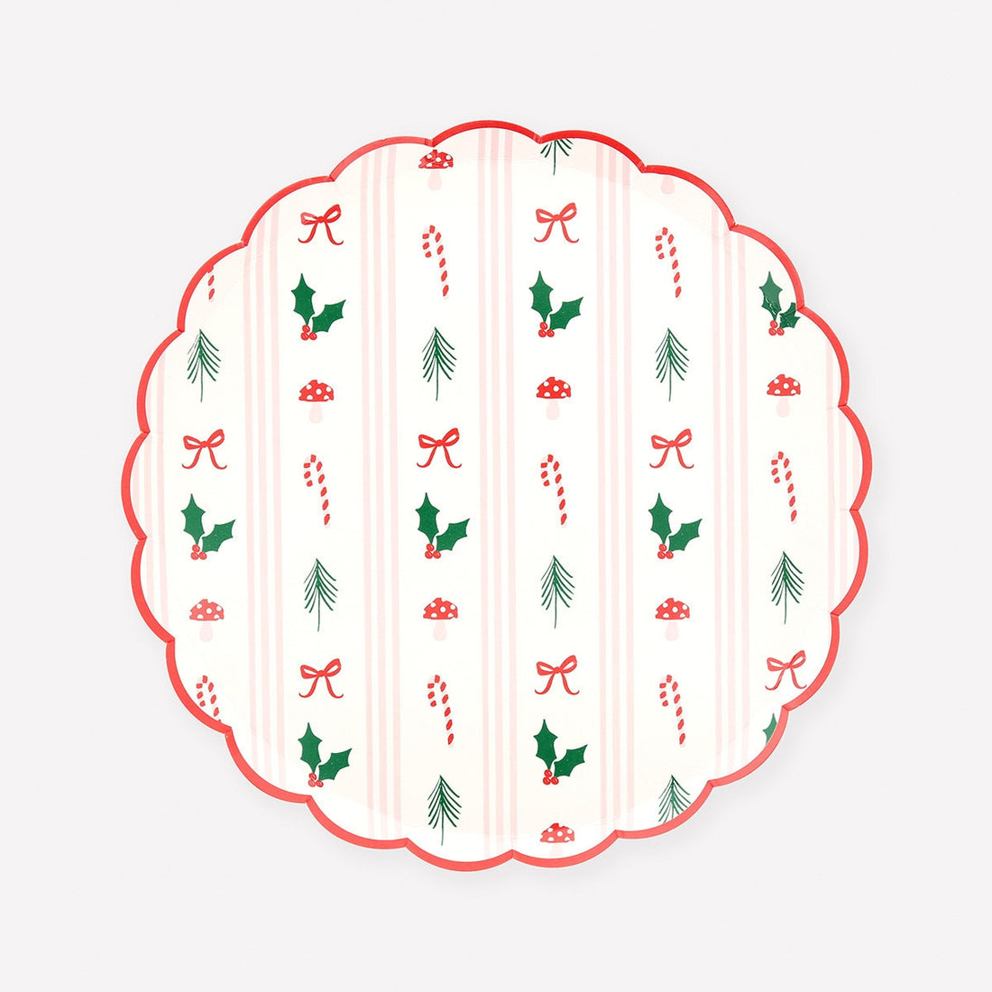 Decorative paper plate with Christmas-themed pattern on a white background.