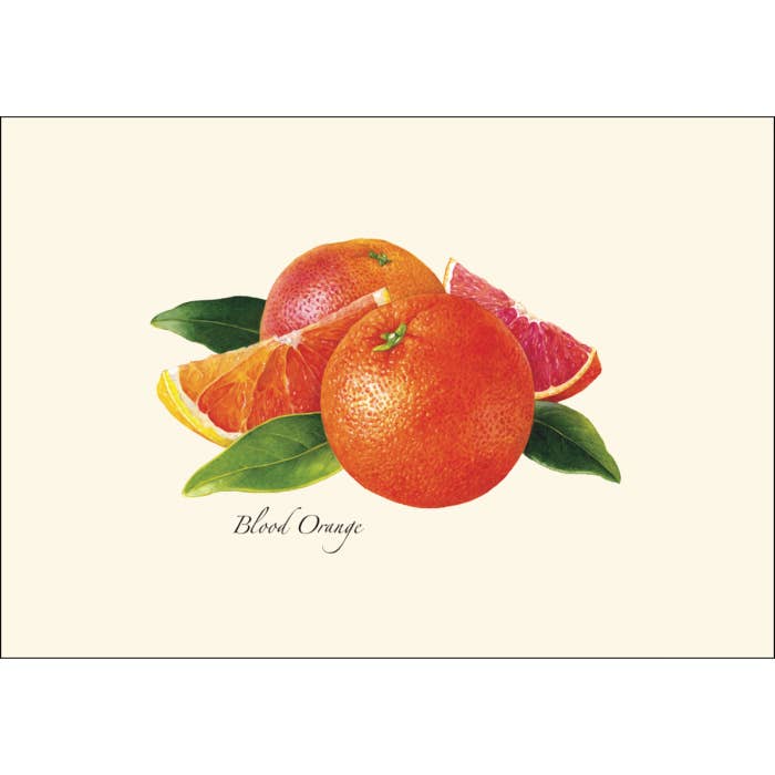 Greeting card with 2 blood oranges and 2 quartered blood oranges. 