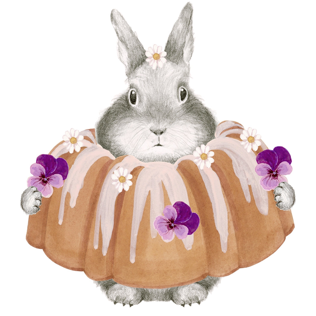 Greeting card by Dear Hancock with an illustration of a bunny in a bundt cake saying &quot;Nothing bundt best wishes on your Birthday&quot;. 