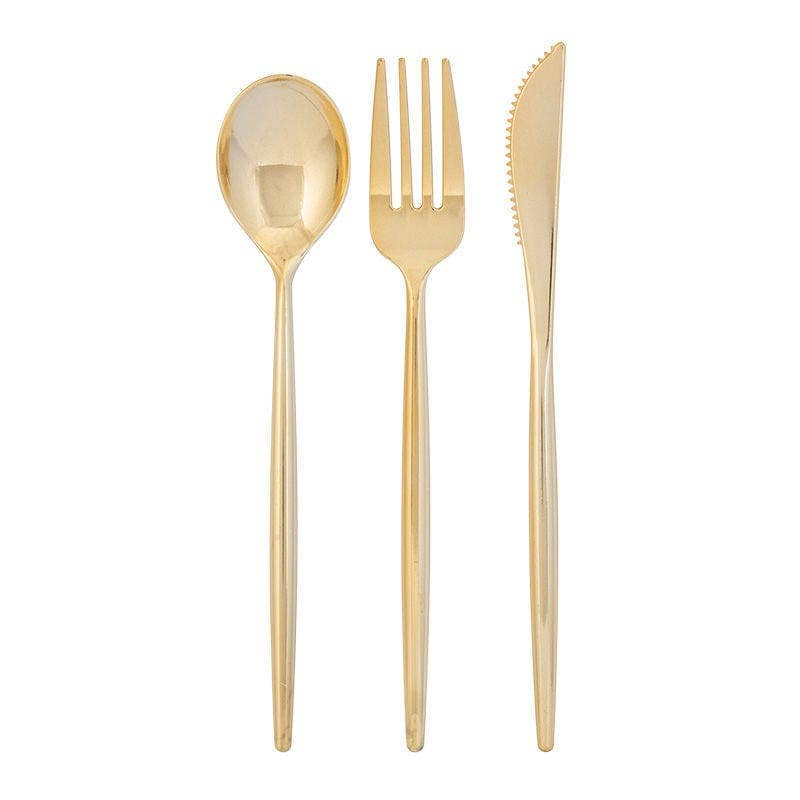 Gold cutlery set with spoon, fork, and knife on a white background.