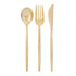 Gold cutlery set with spoon, fork, and knife on a white background.