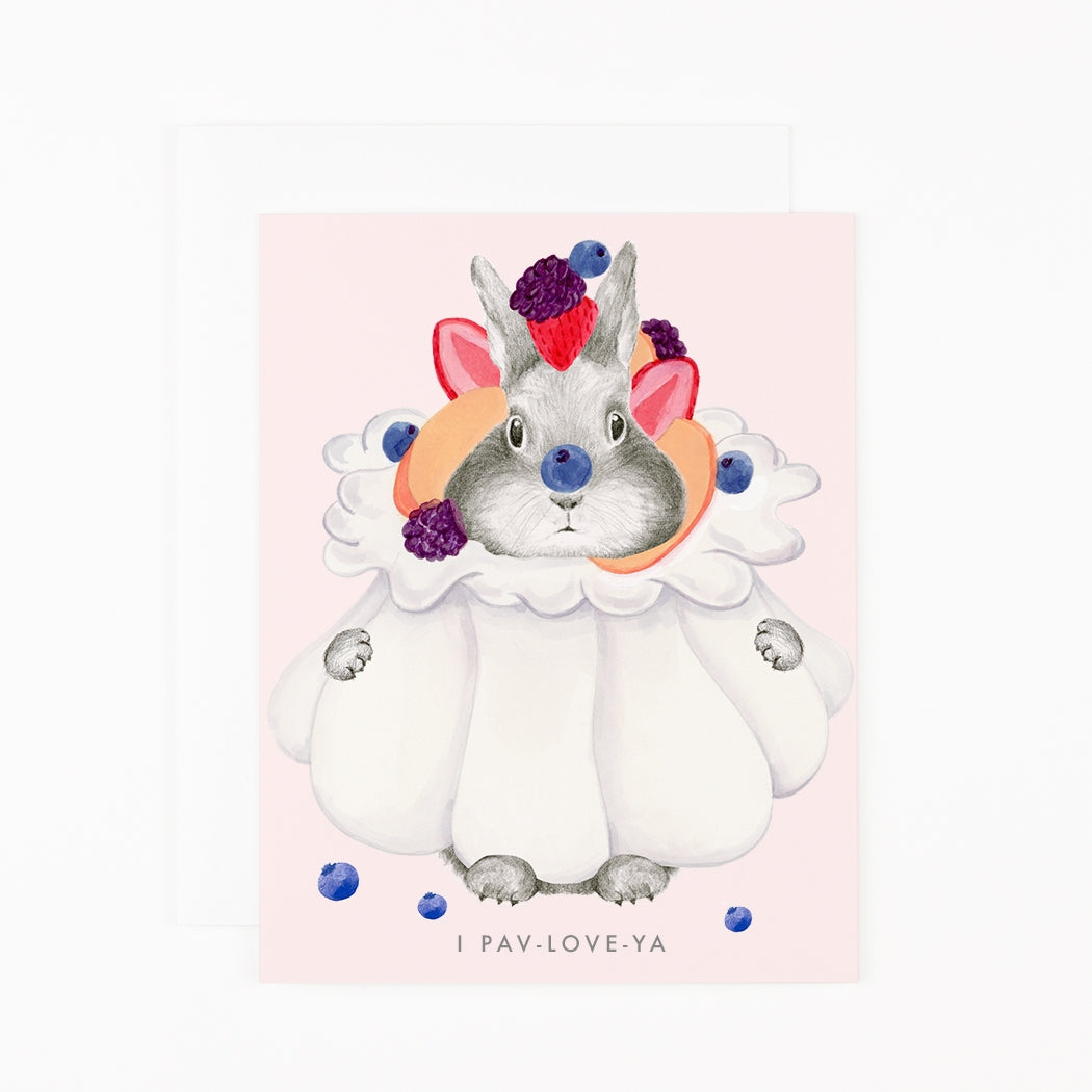 Greeting card by Dear Hancock with an illustration of a bunny in a pavlova covered in berries saying "I Pav-Love-Ya" on the bottom.