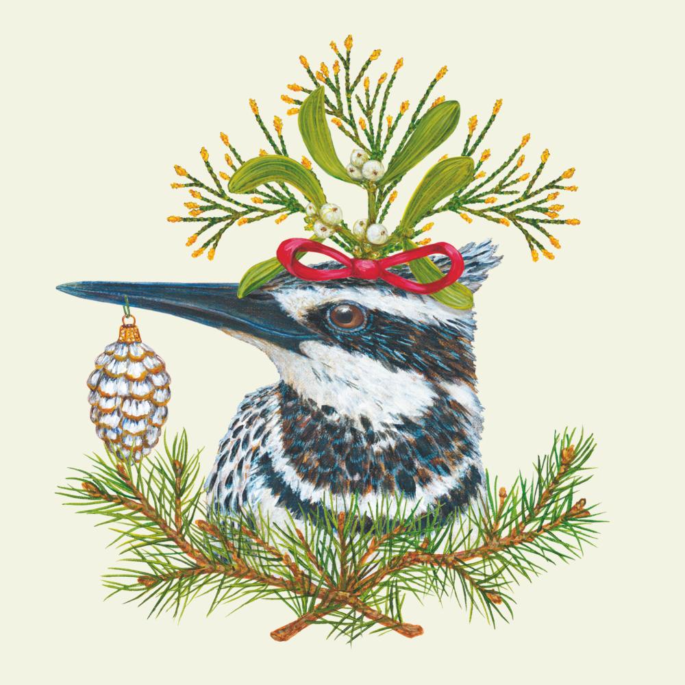 Cocktail Napkin featuring artwork by Vicki Sawyer of a Kingfisher bird with various holiday greenery on it. 