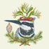 Cocktail Napkin featuring artwork by Vicki Sawyer of a Kingfisher bird with various holiday greenery on it. 