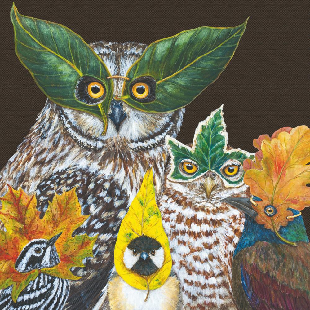 Cocktail napkins featuring artwork by Vicki Sawyer depicting 5 different birds all wearing leaves as masks. 