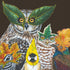 Cocktail napkins featuring artwork by Vicki Sawyer depicting 5 different birds all wearing leaves as masks. 