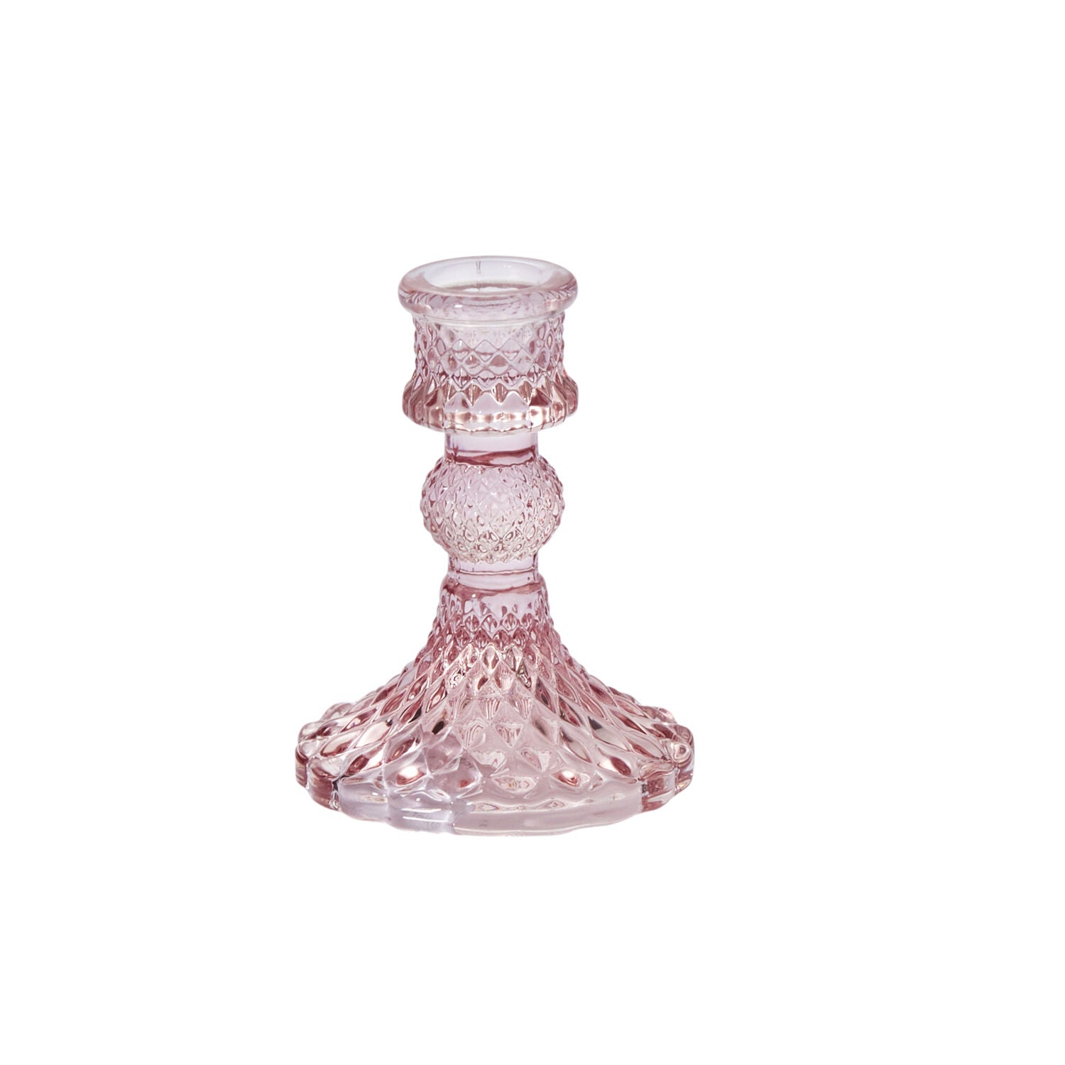A pink glass candlestick on a white background.