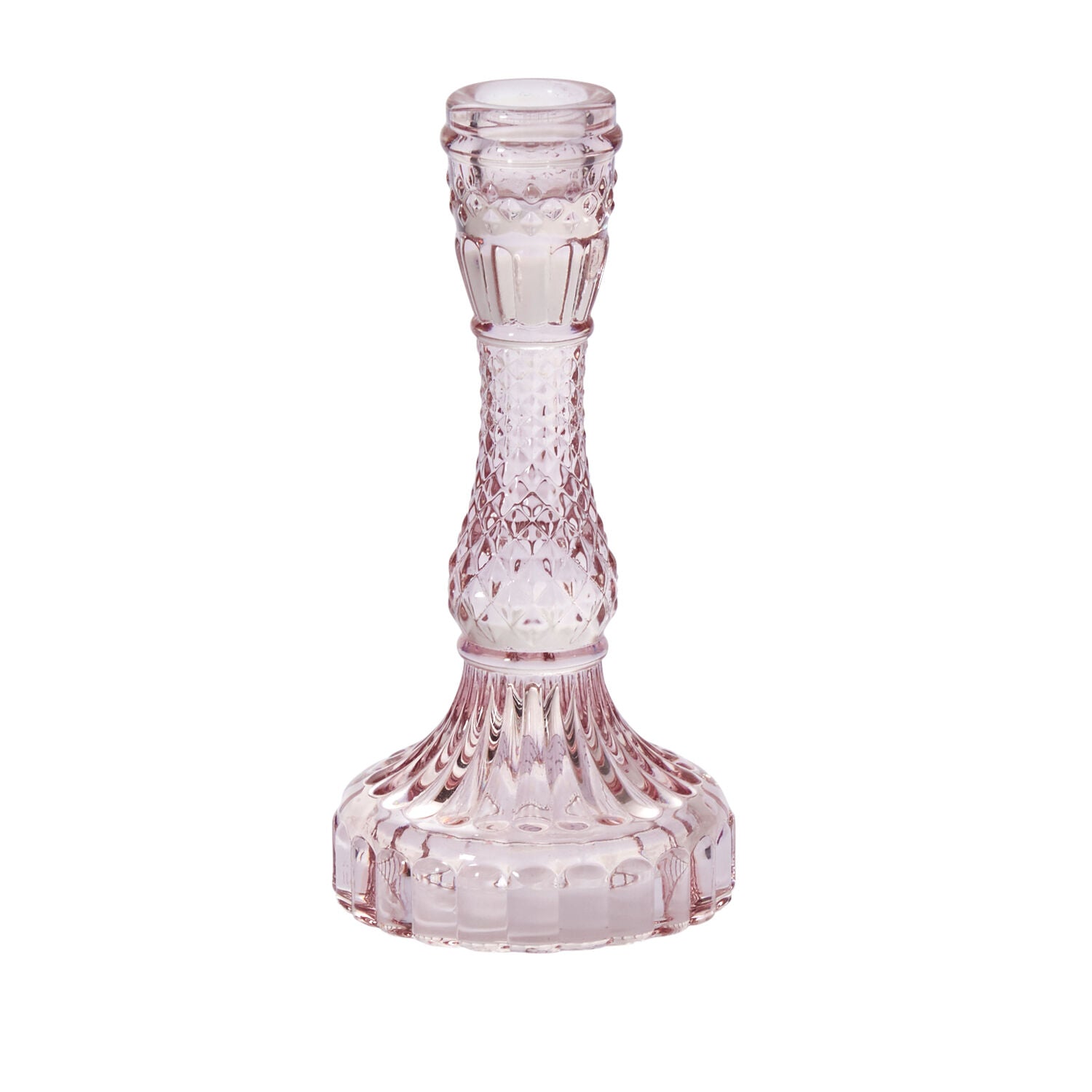 A pink glass candlestick on a white background.