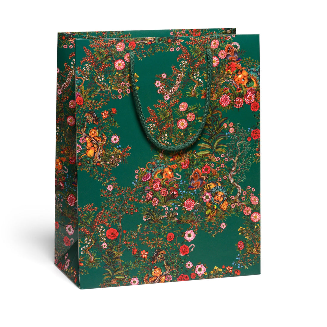 Floral and animal patterned gift bag on a white background.