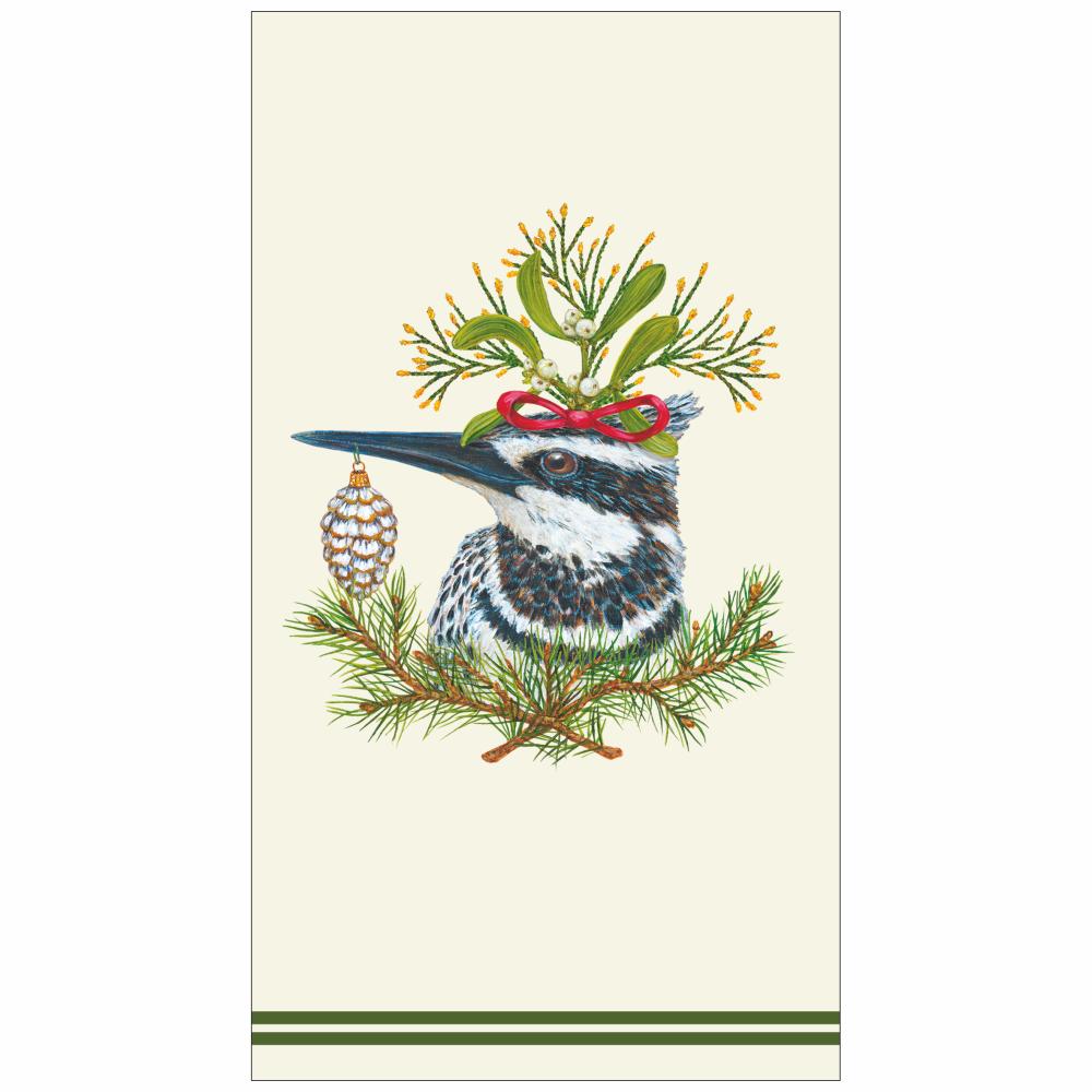 Guest towel napkin featuring artwork by Vicki Sawyer of a Kingfisher bird with various greenery on its head. 
