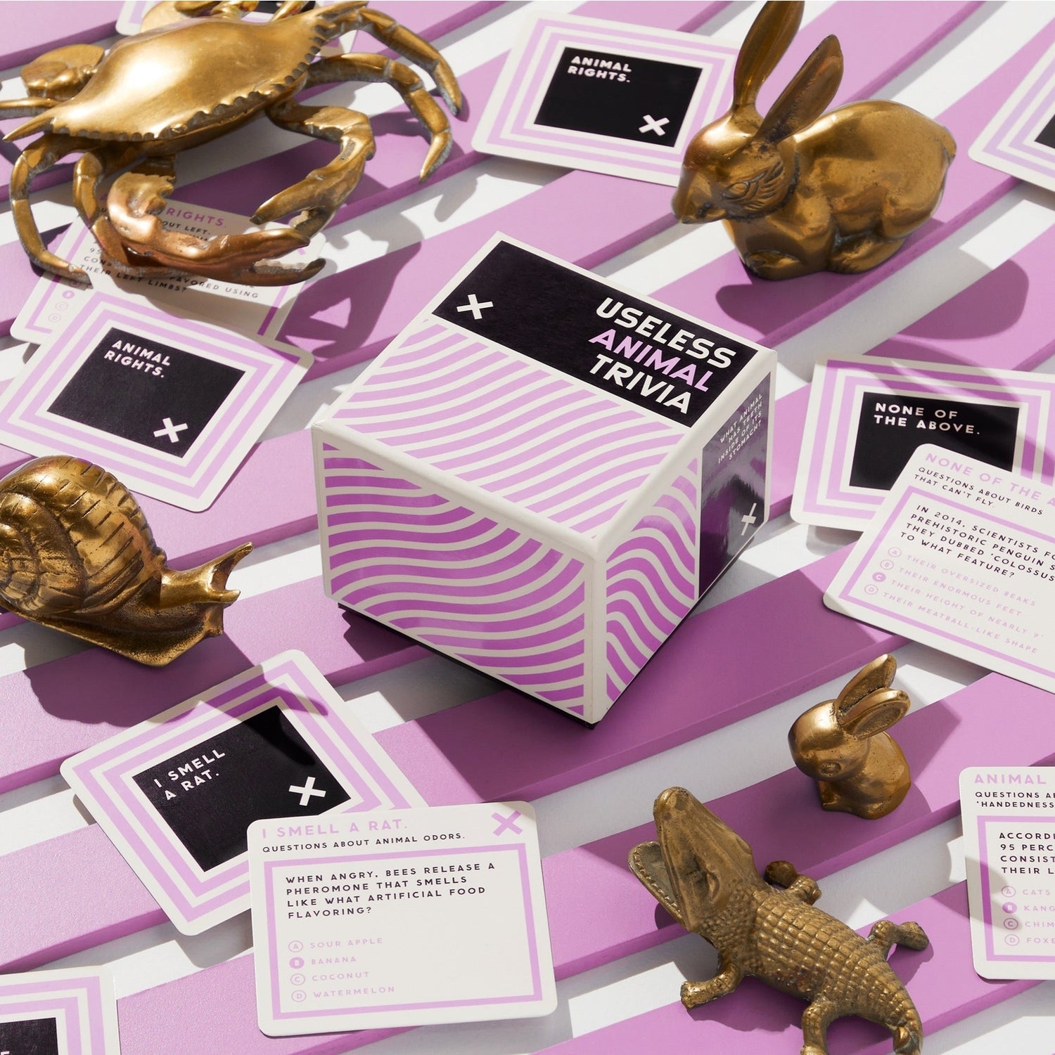 Card game with animal figurines and trivia cards on a purple surface.