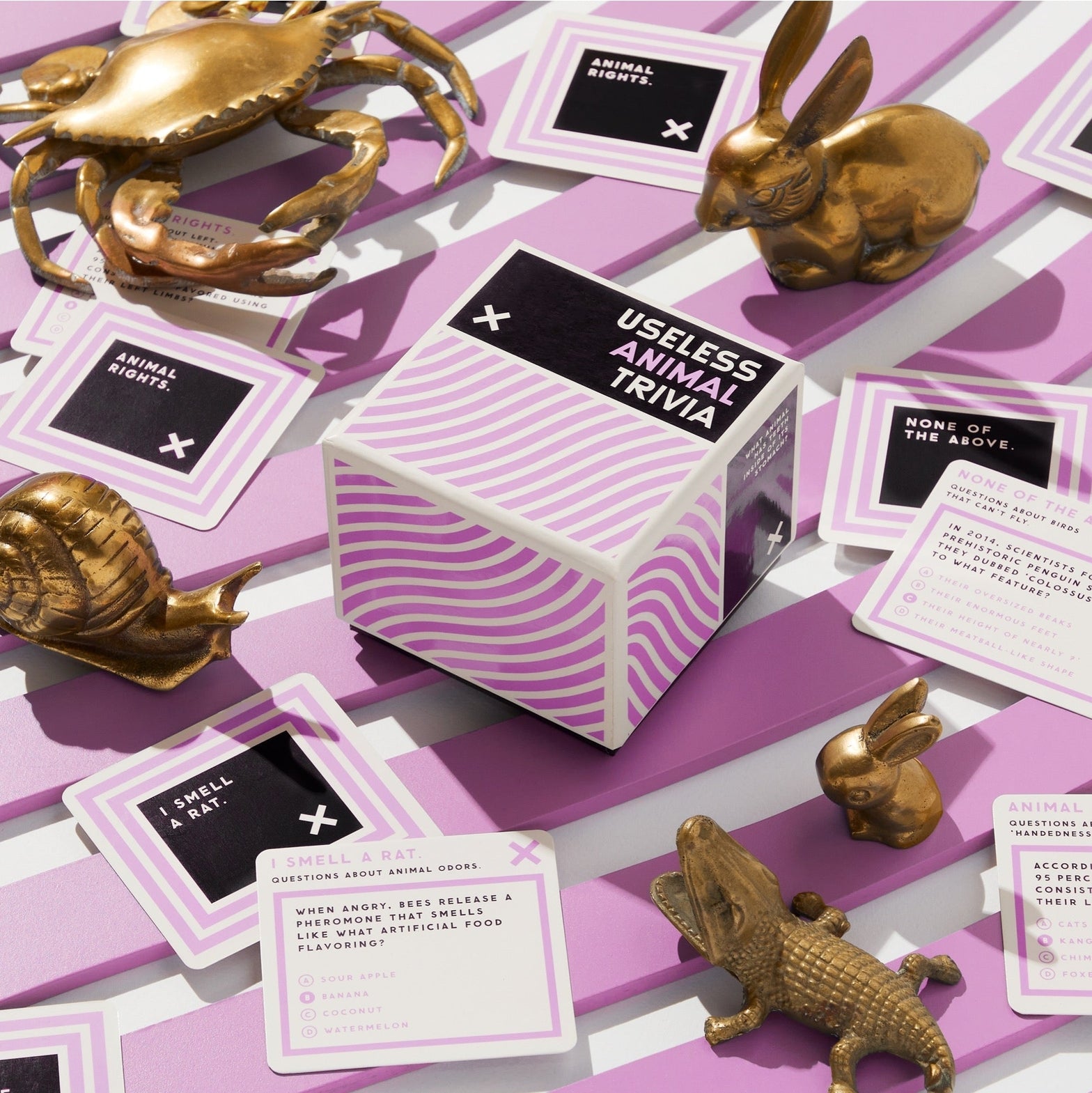 Card game with animal figurines and trivia cards on a purple surface.