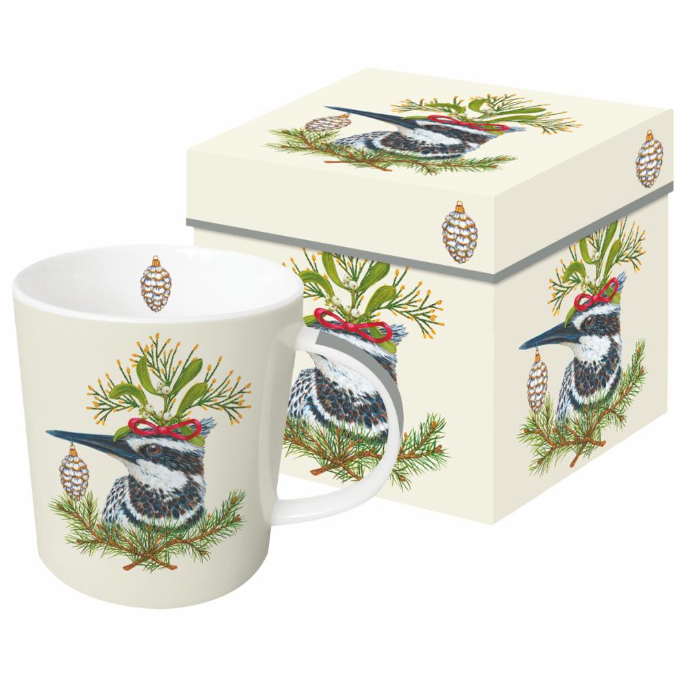 Ceramic mug featuring artwork by Vicki Sawyer depicting a kingfisher bird with greenery on its head and around it. 