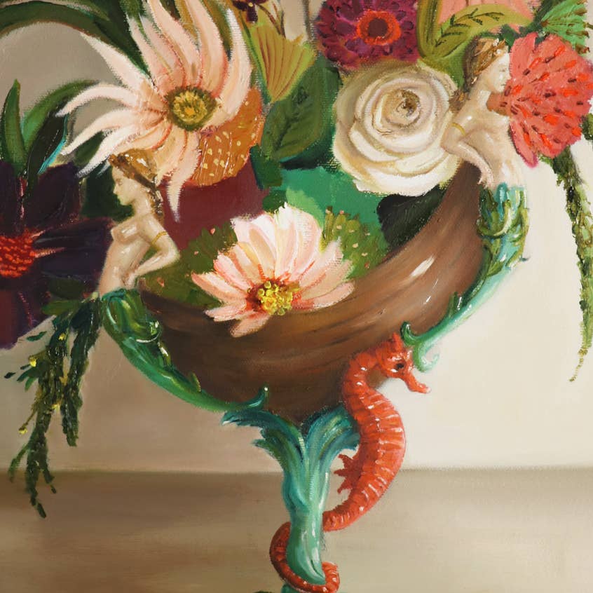 Artwork by Janet Hill depicting a vase with various flowers in it.