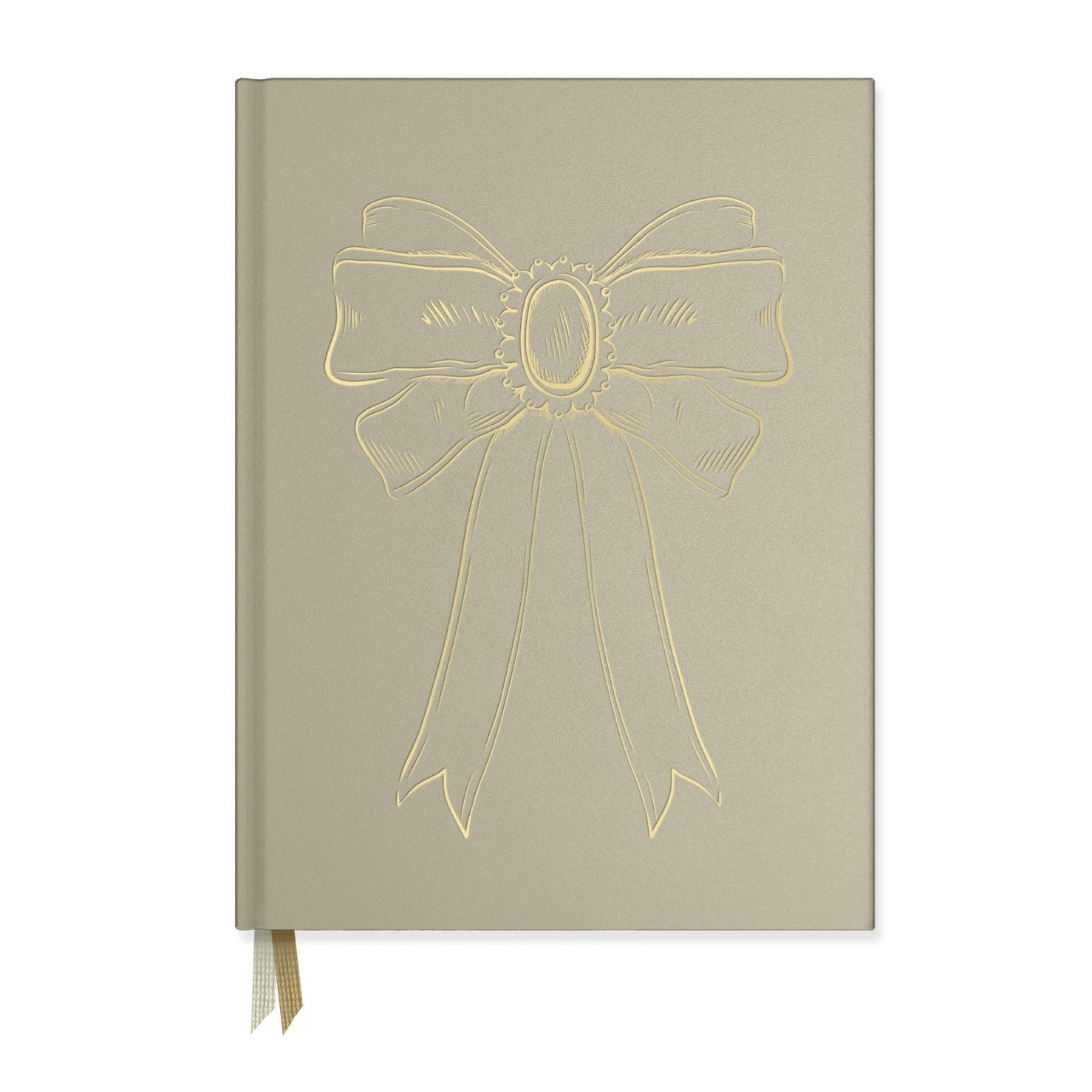 Notebook by Good Juju with gold detailing depicting a bow. 