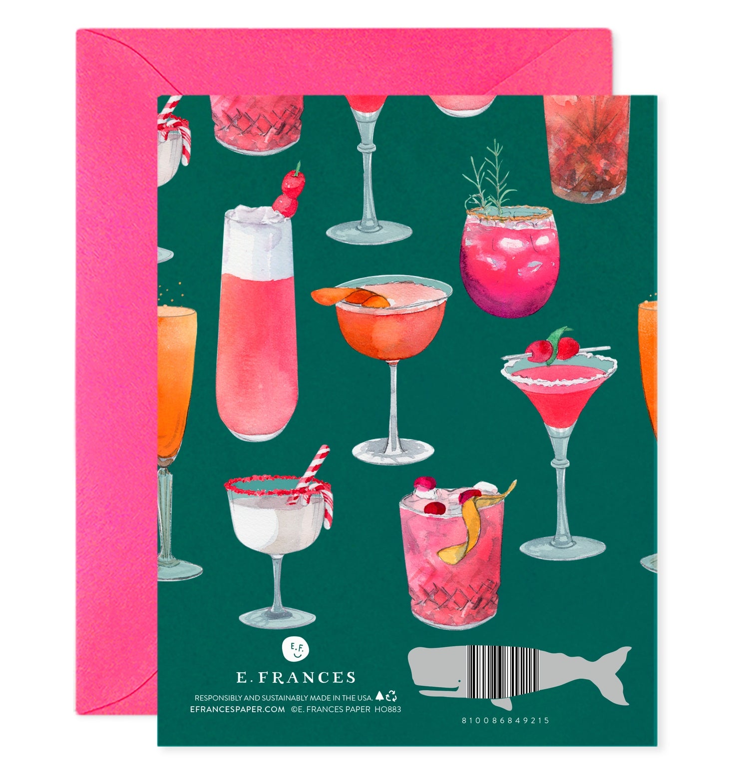The back side of the Making Spirits Bright Greeting card with cocktail illustrations on a green background with a pink envelope.