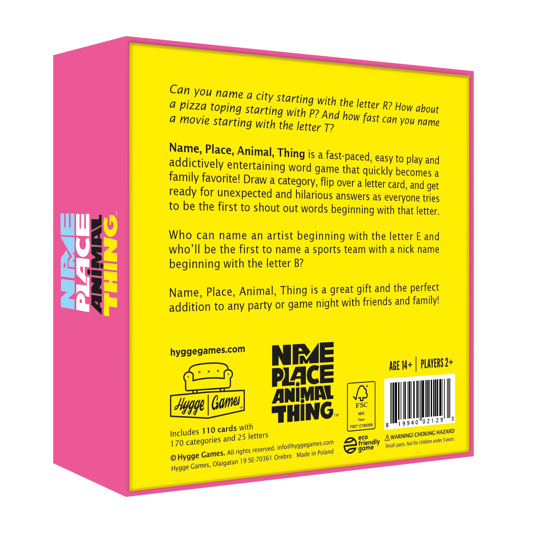 Back of Name, Place, Animal, Thing Trivia Game
