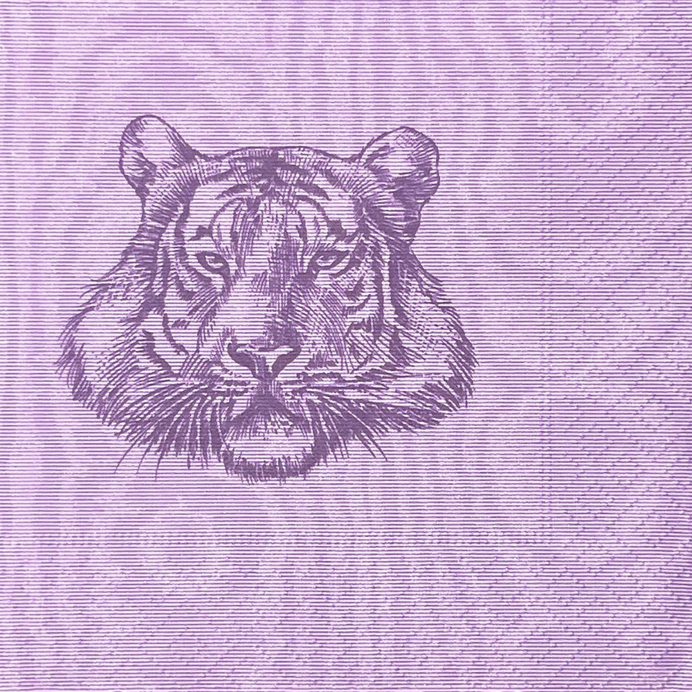 Stylized drawing by Alexa Pulitzer of a tiger head on a lilac colored paper napkin.