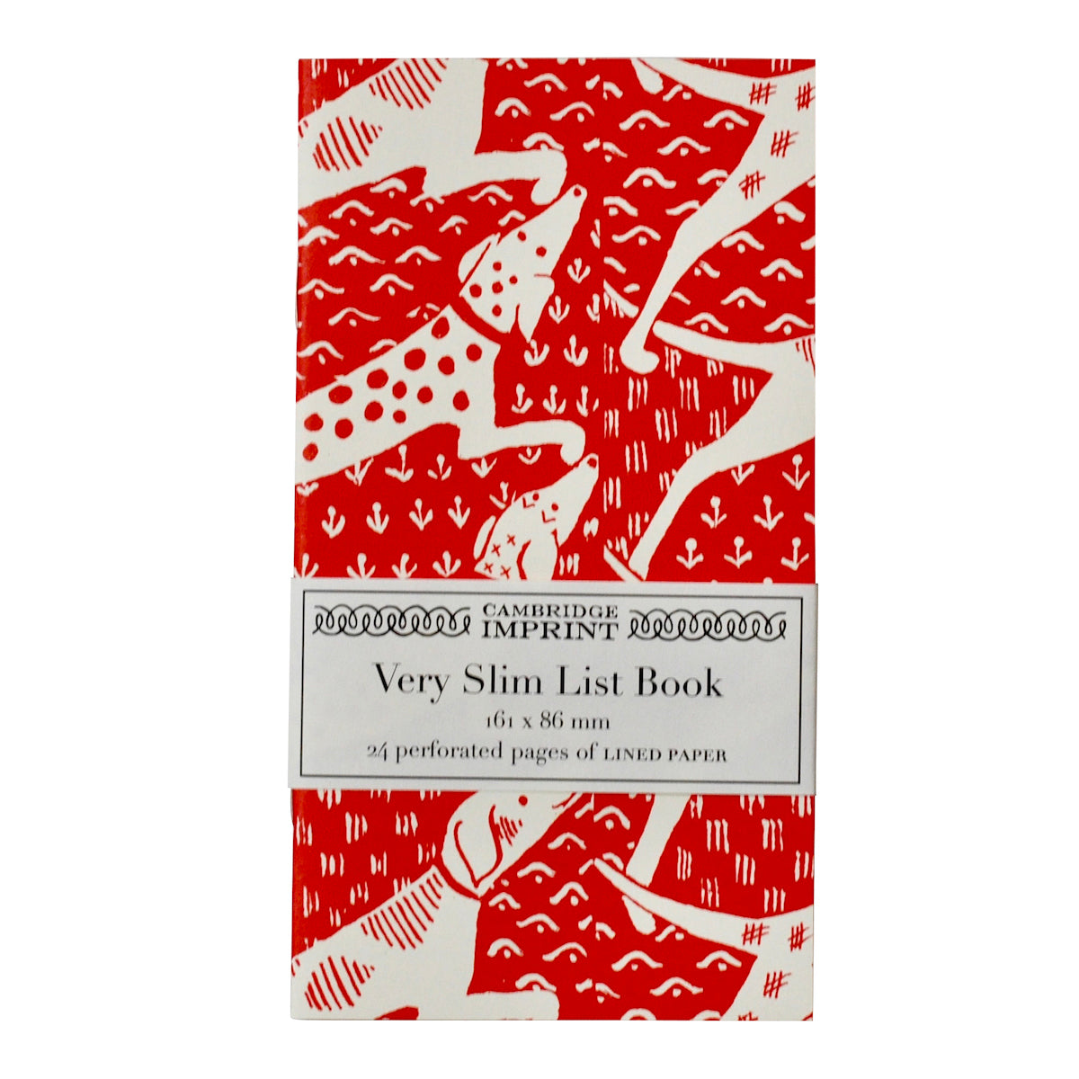 A red and white Cambridge Imprint Very Slim List Notebook with the words "slim handy size last book.