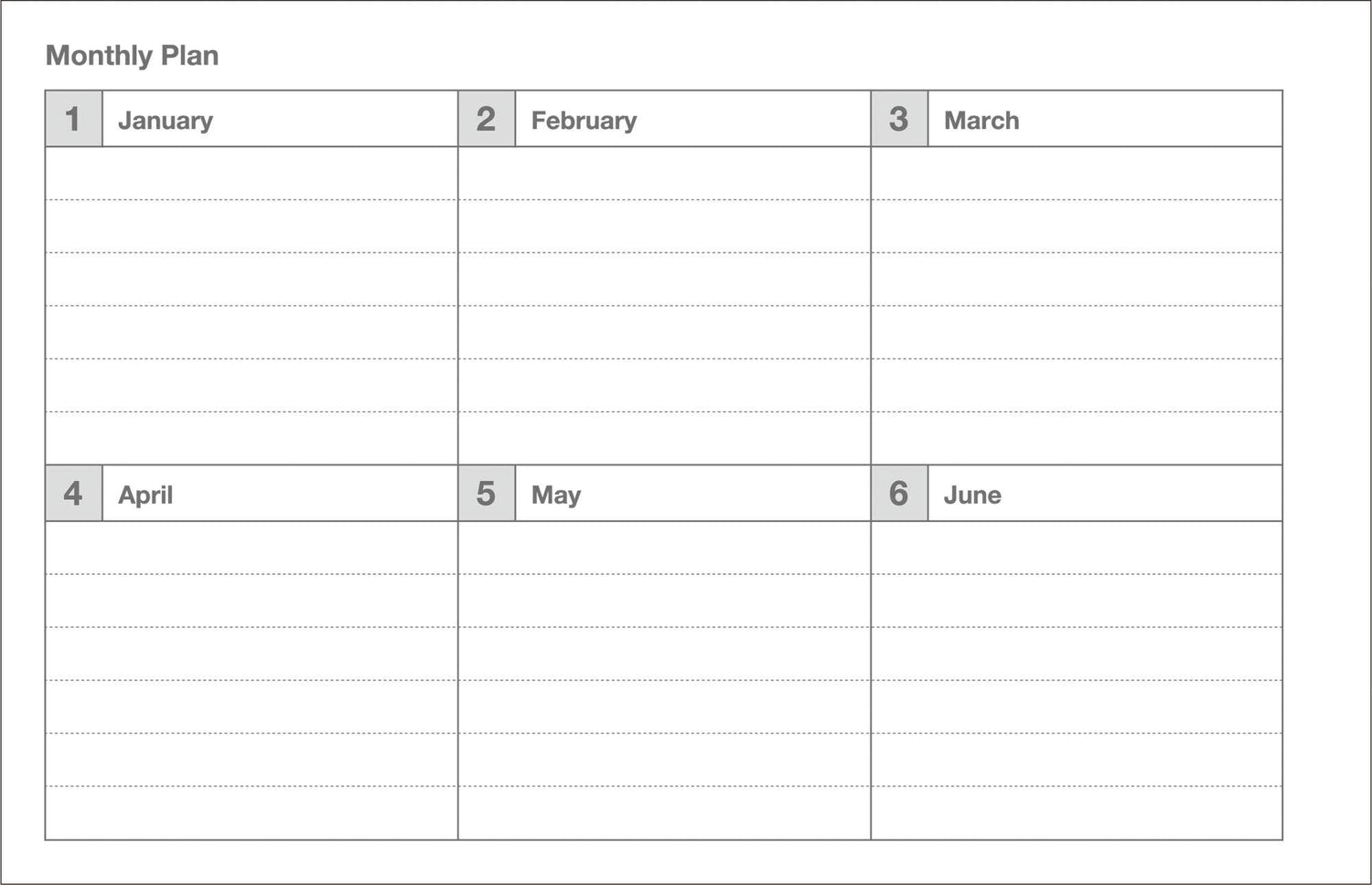 Blank monthly plan calendar with spaces for January to June.