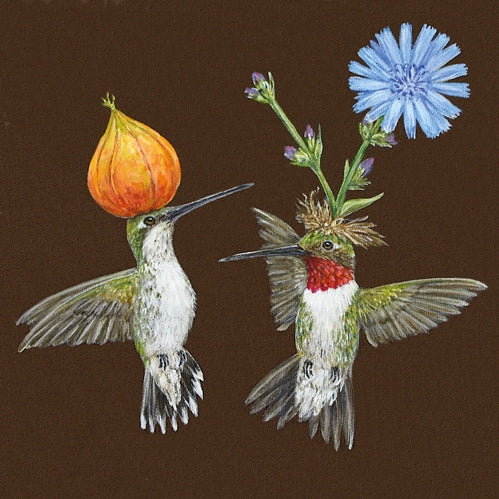 A cocktail napkin with artwork by Vicki Sawyer showing 2 hummingbirds with flower on their heads. 