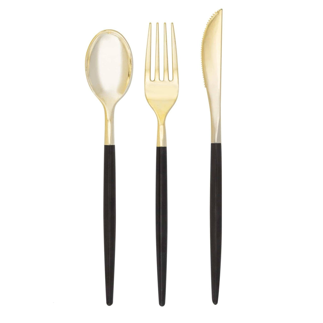 Plastic gold spoon, fork, and knife with black handles on a white background,.