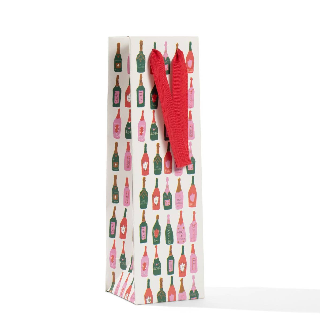 A gift bag with a pattern of illustrated wine bottles and a red ribbon handle.