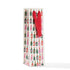 A gift bag with a pattern of illustrated wine bottles and a red ribbon handle.