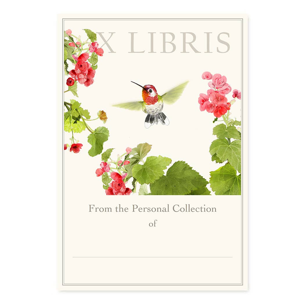 Bookplate with artwork of flowers and a hummingbird printed on it.  From the Personal Collection of is written below and EX LIBRIS above. 