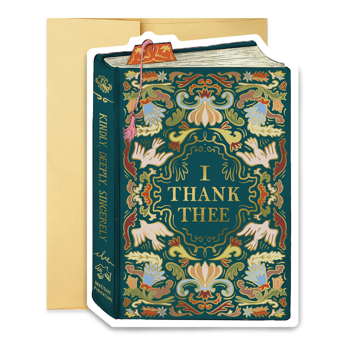 Decorative book-shaped card with ornate design and &