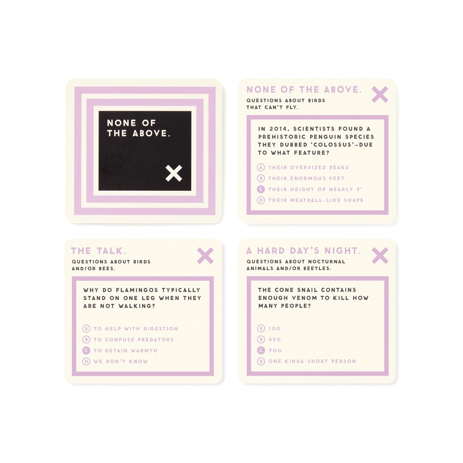 Set of trivia cards with questions and answers on a white background.