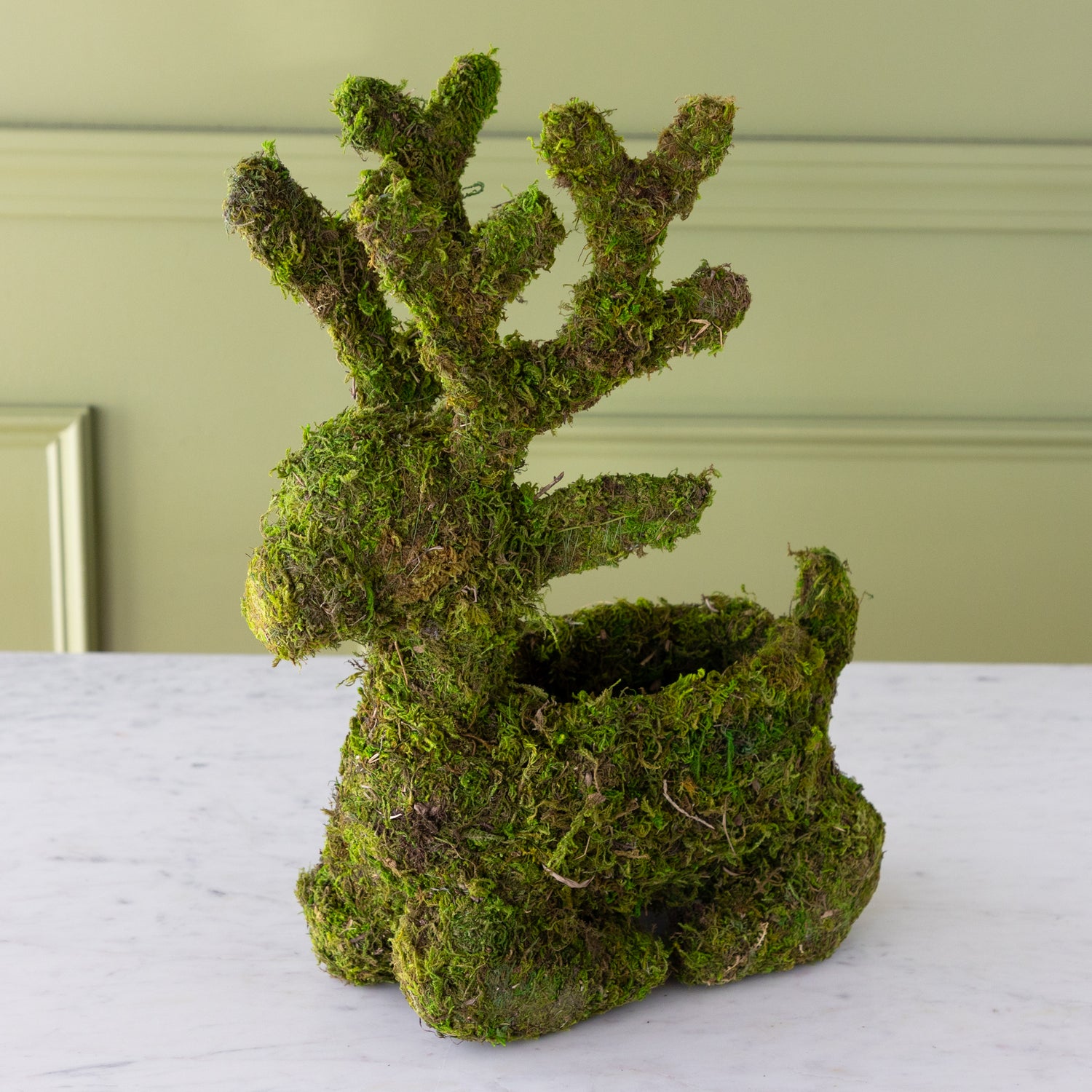 Sitting moss-covered reindeer planter with a space in it&