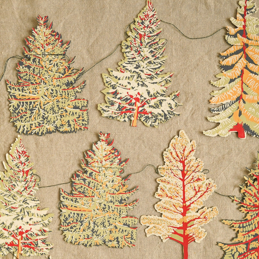 Decorative string with embroidered trees on a beige background