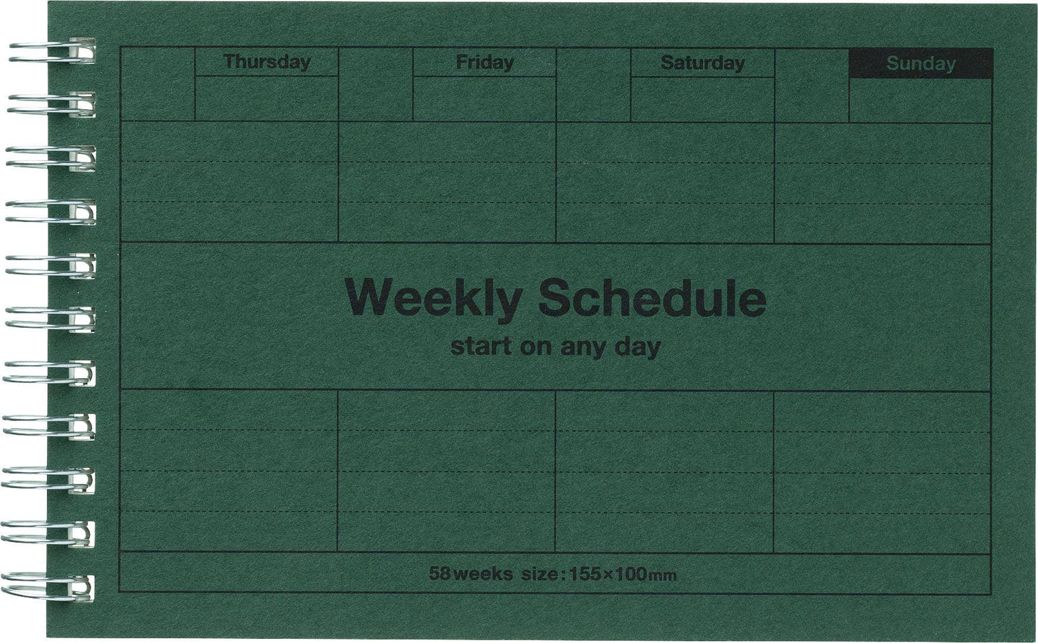 Green weekly schedule planner with text on a green background.