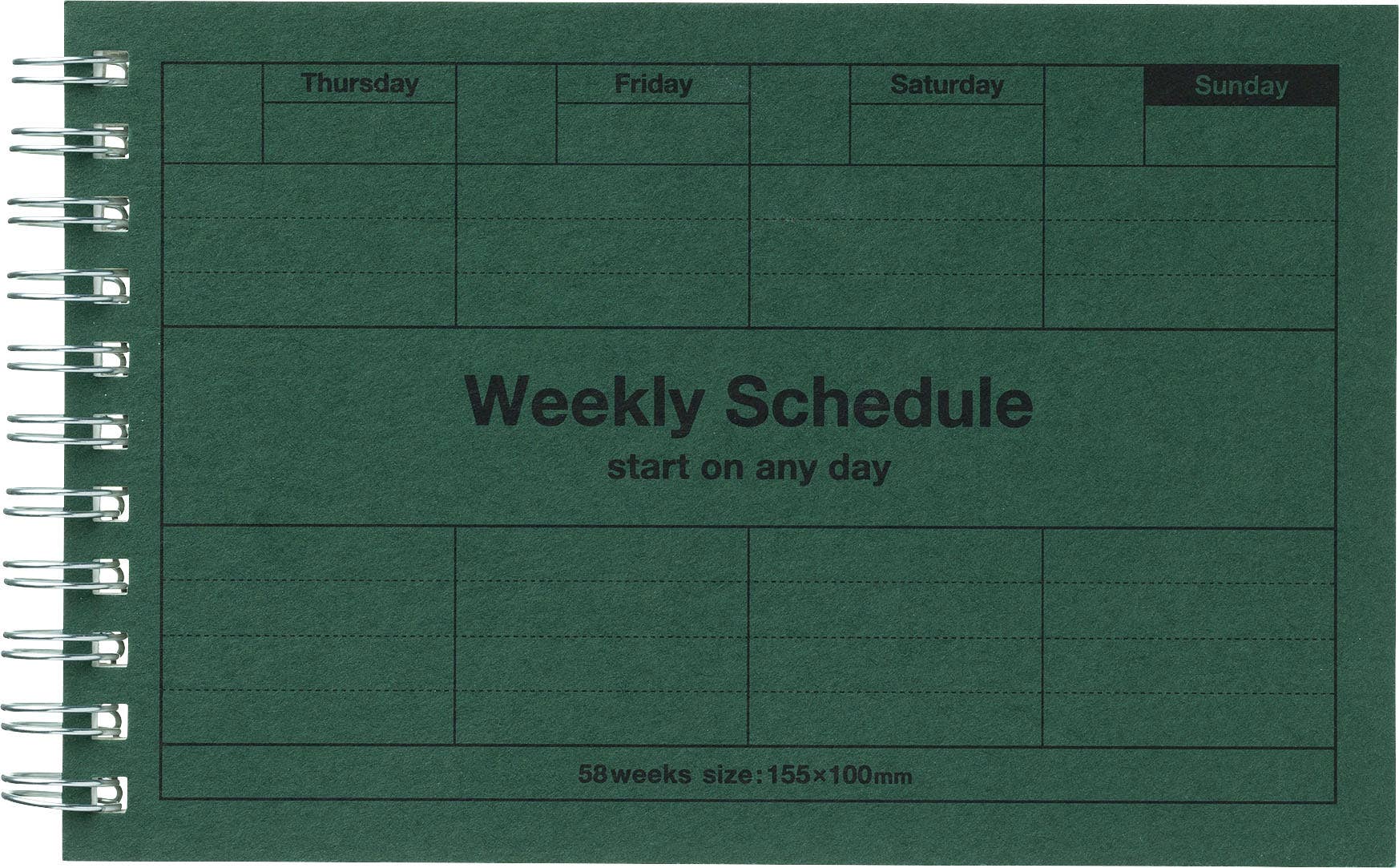 Green weekly schedule planner with text on a green background.